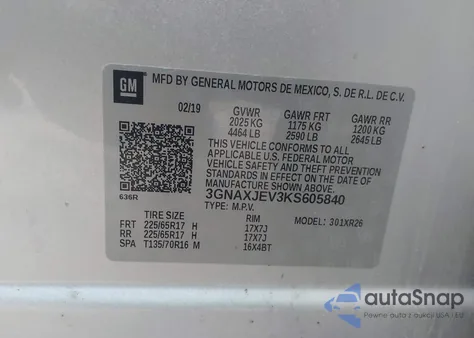 2019 Chevrolet Equinox Lt z USA, uszkodzony, nr VIN 3GNAXJEV3KS605840